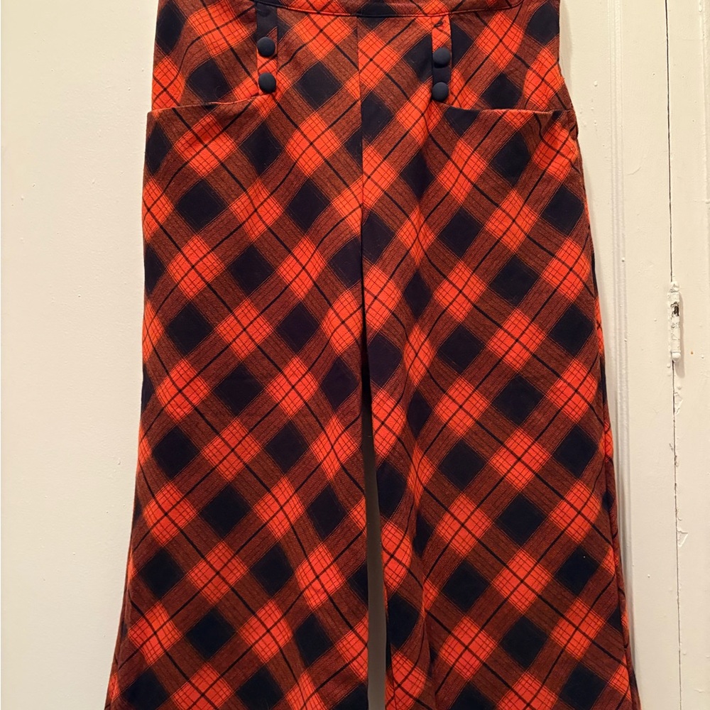 Unique Vintage Orange and Black Plaid Culotte Pants in Large